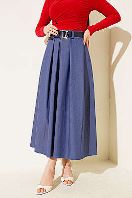 Pileli Kemerli Gabardin Kloş Etek Mavi - Etek