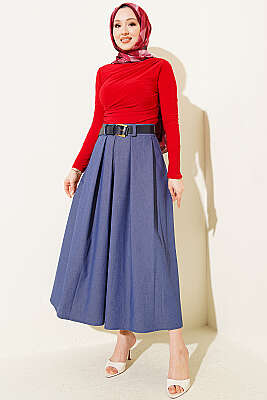 Pileli Kemerli Gabardin Kloş Etek Mavi - Etek