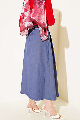 Pileli Kemerli Gabardin Kloş Etek Mavi - Etek