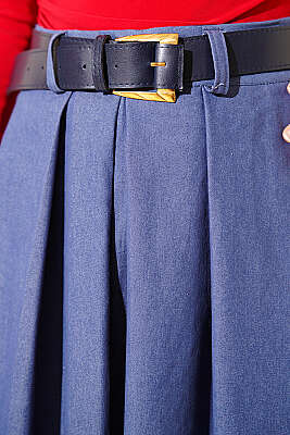 Pileli Kemerli Gabardin Kloş Etek Mavi - Etek