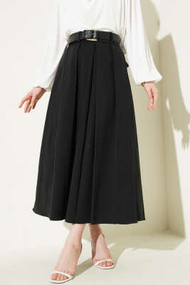 Pileli Kemerli Gabardin Kloş Etek Siyah - MISRA