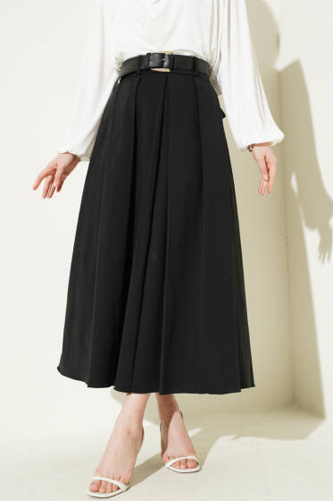 Pileli Kemerli Gabardin Kloş Etek Siyah - Etek