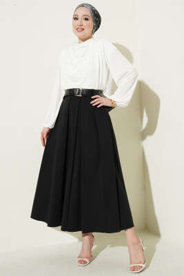 Pileli Kemerli Gabardin Kloş Etek Siyah - Etek