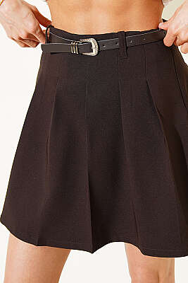 Pileli Kemerli Mini Etek Acı Kahve - Kadın Giyim Modelleri