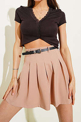 Pileli Kemerli Mini Etek Bej - Kadın Giyim Modelleri