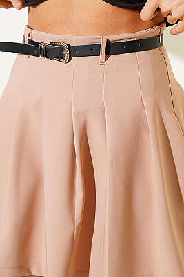 Pileli Kemerli Mini Etek Bej - Kadın Giyim Modelleri