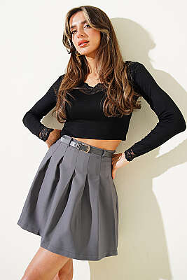 Pileli Kemerli Mini Etek Füme 