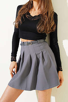 Pileli Kemerli Mini Etek Füme - Kadın Giyim Modelleri