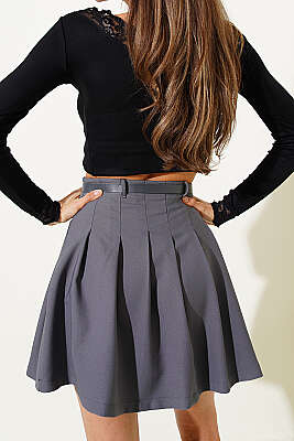 Pileli Kemerli Mini Etek Füme - Kadın Giyim Modelleri