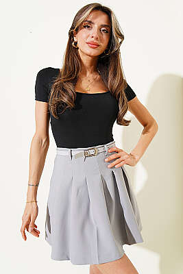 Pileli Kemerli Mini Etek Gri 