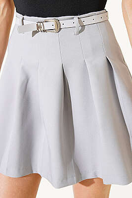 Pileli Kemerli Mini Etek Gri - Kadın Giyim Modelleri