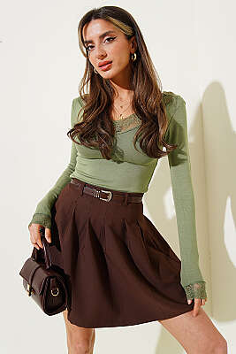 Pileli Kemerli Mini Etek Kahve - Kadın Giyim Modelleri