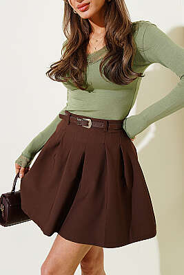 Pileli Kemerli Mini Etek Kahve - Kadın Giyim Modelleri