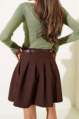 Pileli Kemerli Mini Etek Kahve - Kadın Giyim Modelleri