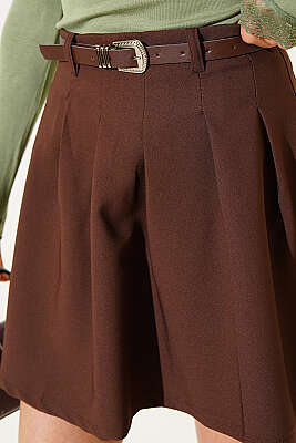 Pileli Kemerli Mini Etek Kahve - Kadın Giyim Modelleri