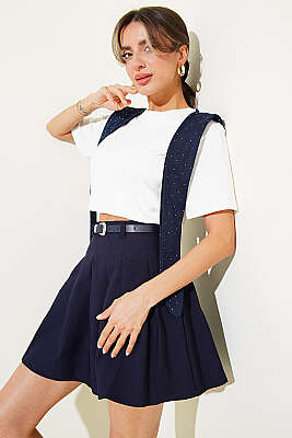 Pileli Kemerli Mini Etek Lacivert 