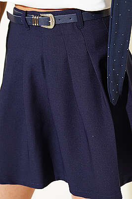 Pileli Kemerli Mini Etek Lacivert - Kadın Giyim Modelleri