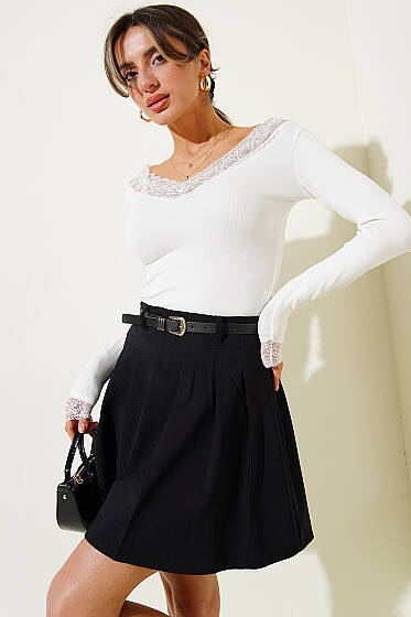 Pileli Kemerli Mini Etek Siyah - Kadın Giyim Modelleri