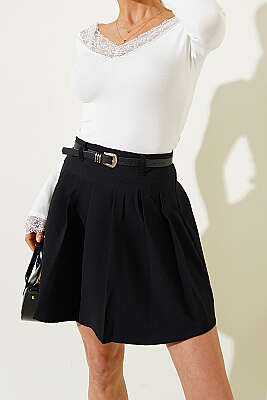 Pileli Kemerli Mini Etek Siyah - Kadın Giyim Modelleri