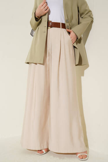 Pileli Kemerli Oversize Pantolon Bej - Pantolon