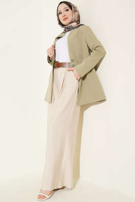 Pileli Kemerli Oversize Pantolon Bej - Pantolon