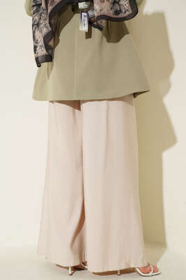 Pileli Kemerli Oversize Pantolon Bej - Pantolon