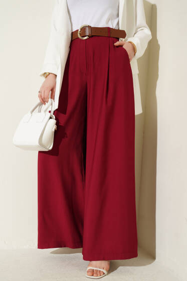Pileli Kemerli Oversize Pantolon Bordo - Pantolon