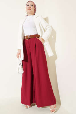 Pileli Kemerli Oversize Pantolon Bordo - Pantolon