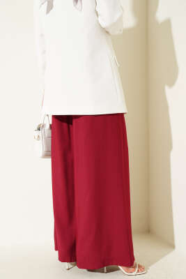 Pileli Kemerli Oversize Pantolon Bordo - Pantolon