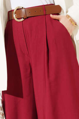 Pileli Kemerli Oversize Pantolon Bordo - Pantolon