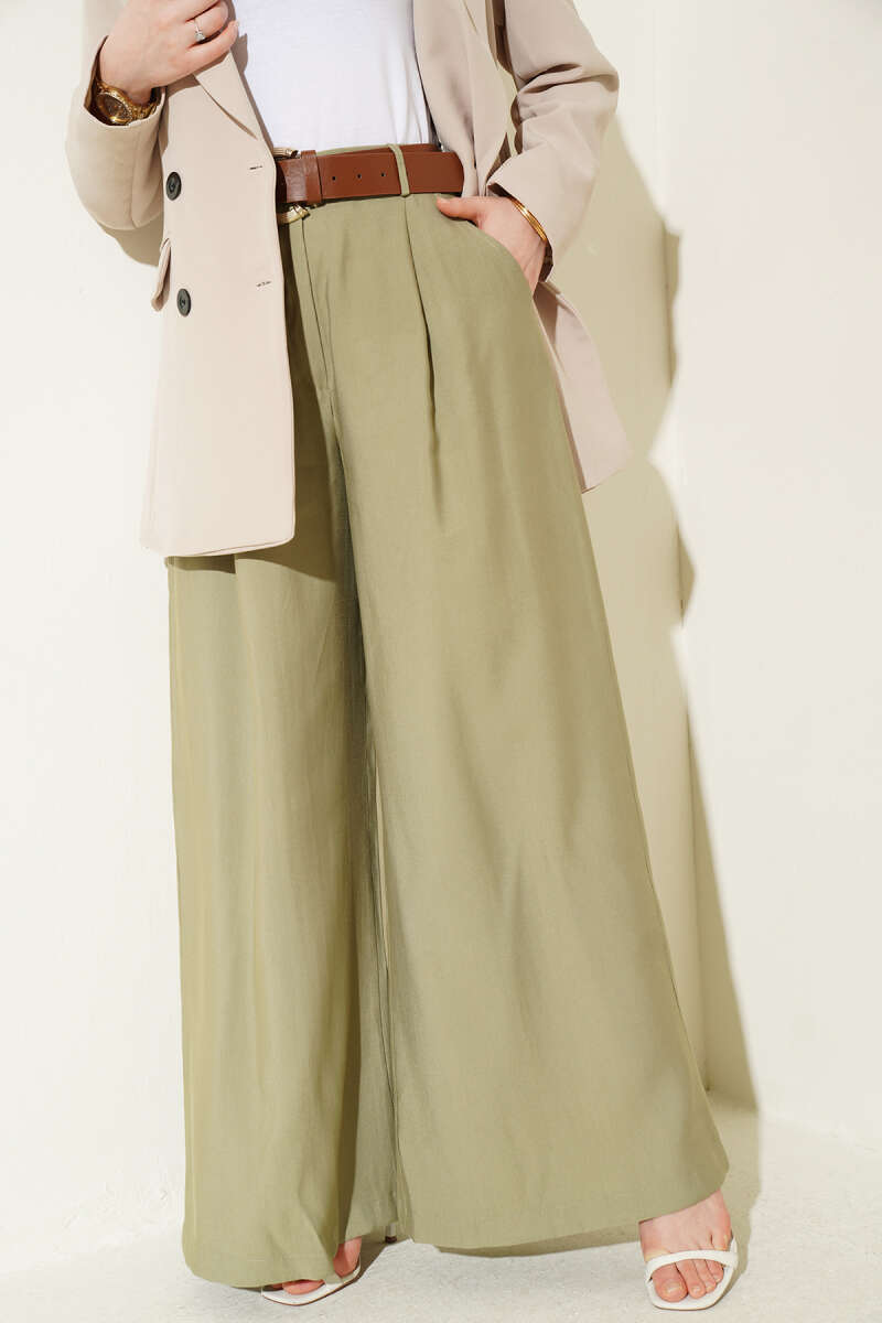 Pileli Kemerli Oversize Pantolon Çağla Yeşili