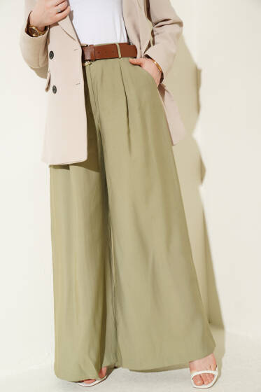 Pileli Kemerli Oversize Pantolon Çağla Yeşili - Pantolon