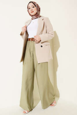 Pileli Kemerli Oversize Pantolon Çağla Yeşili - Pantolon