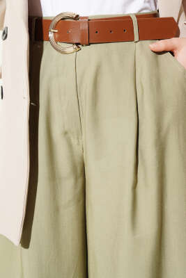 Pileli Kemerli Oversize Pantolon Çağla Yeşili - Pantolon