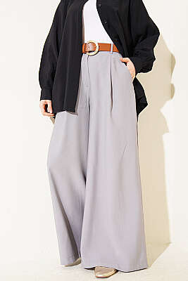 Pileli Kemerli Oversize Pantolon Gri - HELLIE