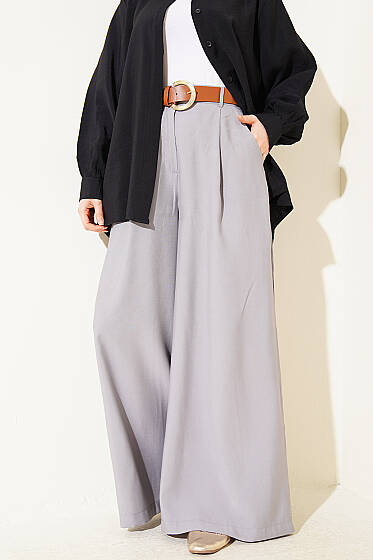 Pileli Kemerli Oversize Pantolon Gri - Pantolon