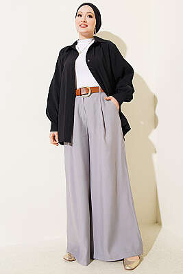 Pileli Kemerli Oversize Pantolon Gri - Pantolon