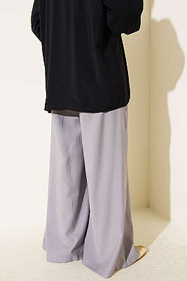 Pileli Kemerli Oversize Pantolon Gri - Pantolon