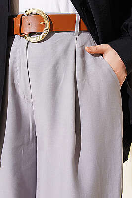 Pileli Kemerli Oversize Pantolon Gri - Pantolon