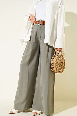Pileli Kemerli Oversize Pantolon Haki - HELLIE