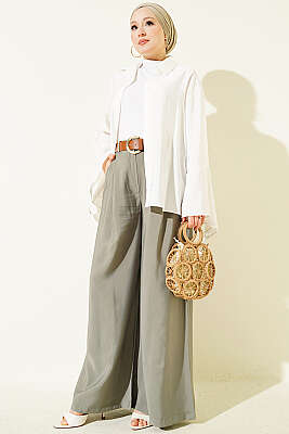 Pileli Kemerli Oversize Pantolon Haki - Pantolon