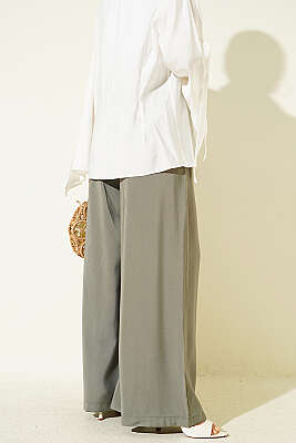 Pileli Kemerli Oversize Pantolon Haki - Pantolon