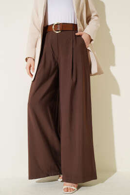 Pileli Kemerli Oversize Pantolon Kahve - HELLIE