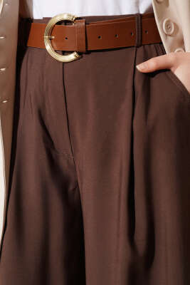 Pileli Kemerli Oversize Pantolon Kahve - Pantolon
