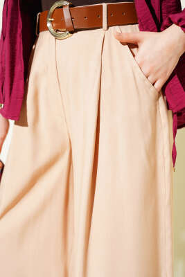 Pileli Kemerli Oversize Pantolon Latte - Pantolon