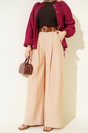 Pileli Kemerli Oversize Pantolon Latte - Pantolon