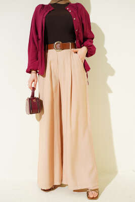 Pileli Kemerli Oversize Pantolon Latte - Pantolon