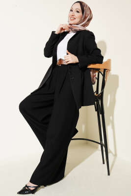 Pileli Kemerli Oversize Pantolon Siyah - Pantolon