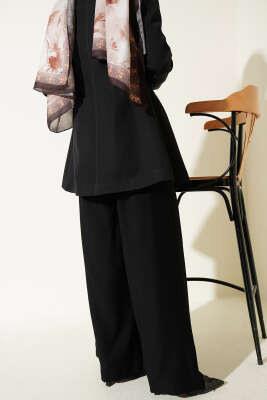 Pileli Kemerli Oversize Pantolon Siyah - Pantolon