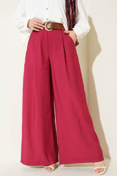 Pileli Kemerli Oversize Pantolon Vişne - Pantolon